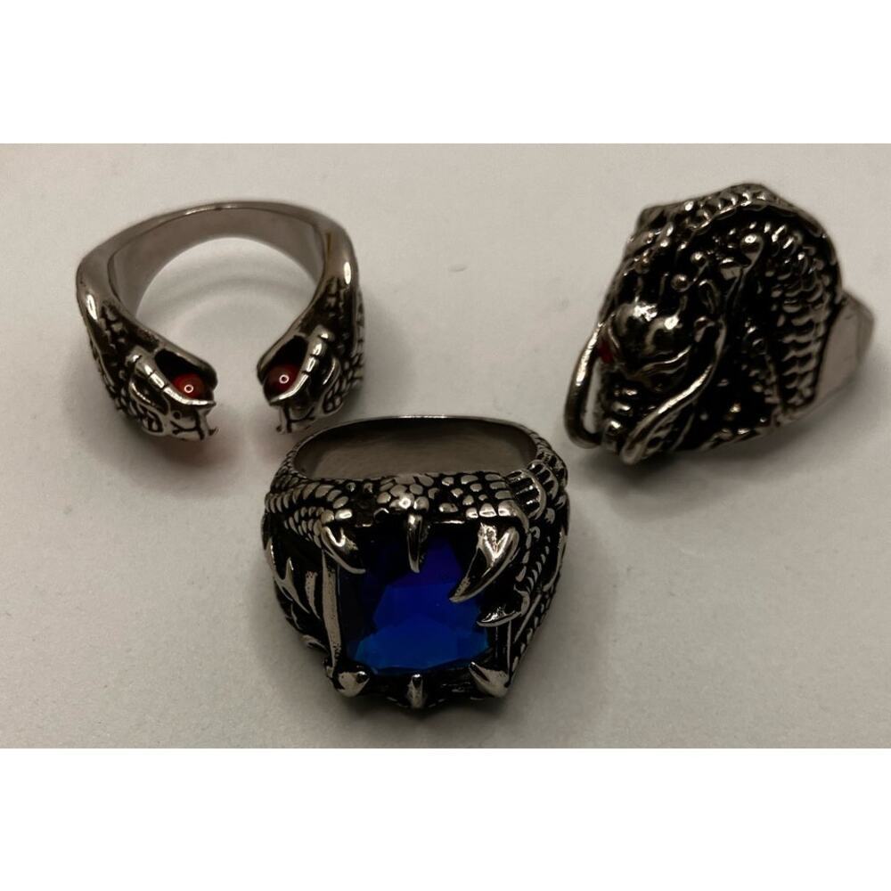 Snake Cobra Silver‎ Tone Rings, Set of 3, Sz 10.5-11 Goth, Biker, Edgy